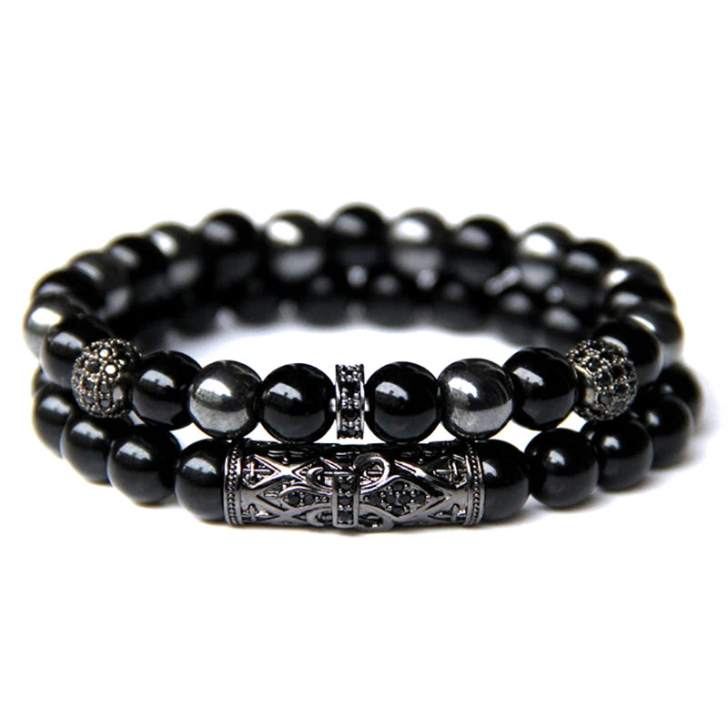 Fashion 2pcs Bead Bracelet Men Natural Tiger Eye Hematite Obsidian Beaded Bracelets Homme Energy Stretch Bracelet Men Jewelry