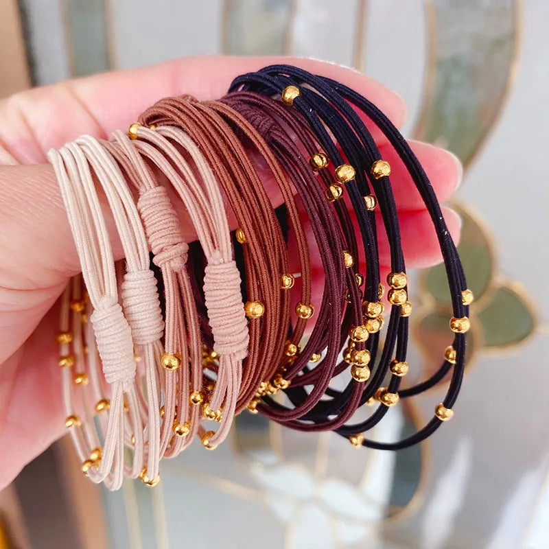 Tejesa 10PCS Korean Women Elastic Hair Rubber Bands  for Girs /Golden Plated Beads Hair Scruchies Hair Tie/Holder