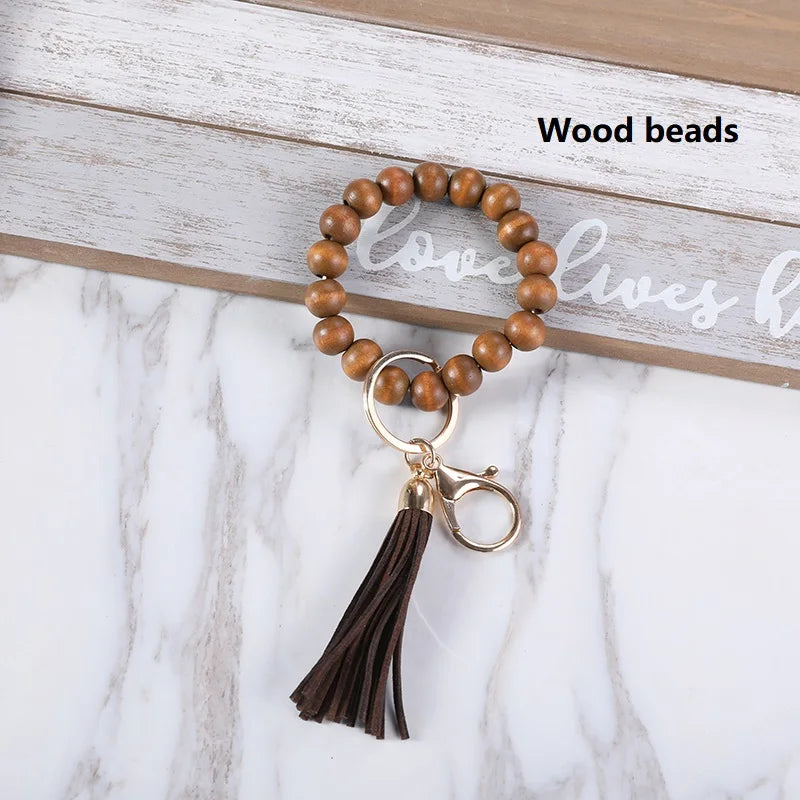 Silicone Keychain For Keys Tassel Wood Beads Bracelet Keyring For Women Multicolor Beads Keychain Fashion Keychain Wholesale