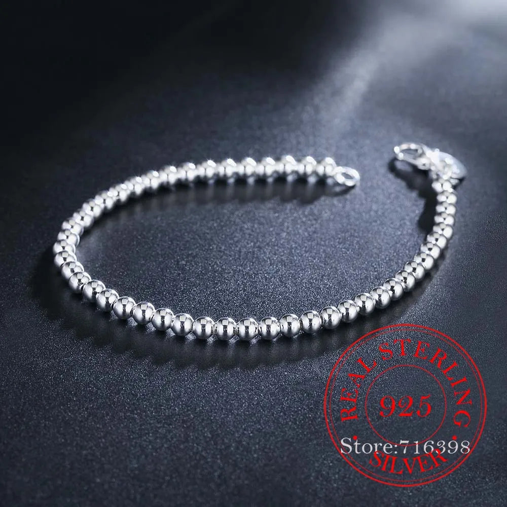 100% Real 925 Sterling silver Bracelet for Women men Homme 4MM Beads Ball Chain Bracelets Bangles Classic Pulsera De Mujer