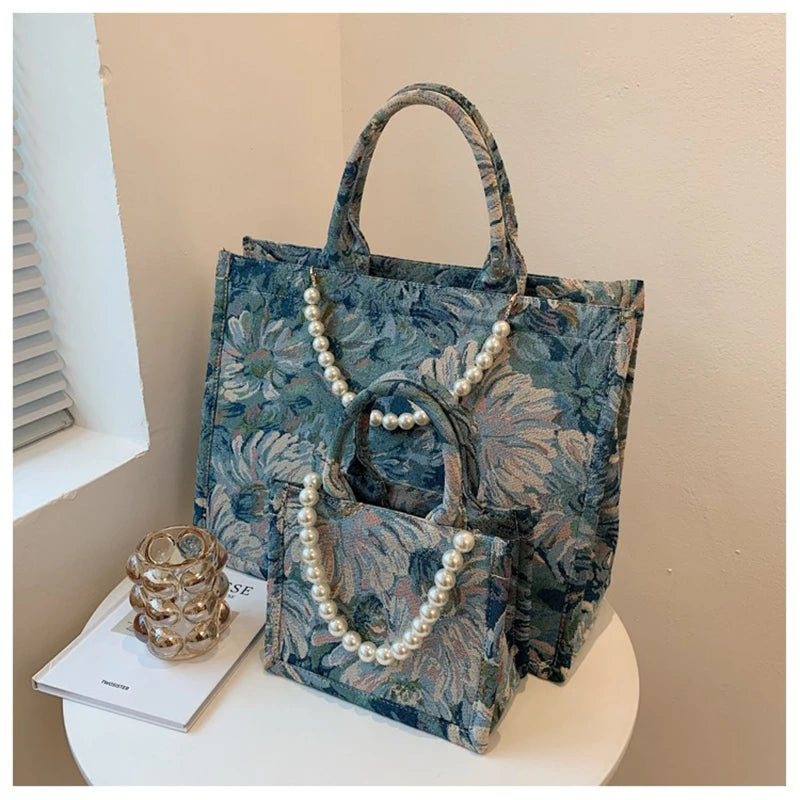 Hemasa Autumn  Woman Canvas Tote Bag Pearl Bead Decorated Crossbag