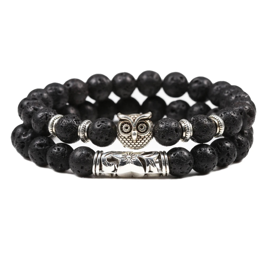 2pcs/set Owl Bracelet Blue Pine Beads Bracelets Classic Natural Lava Stone Bead Bangles Charm Men Pulseras Mujer Bijoux Armband