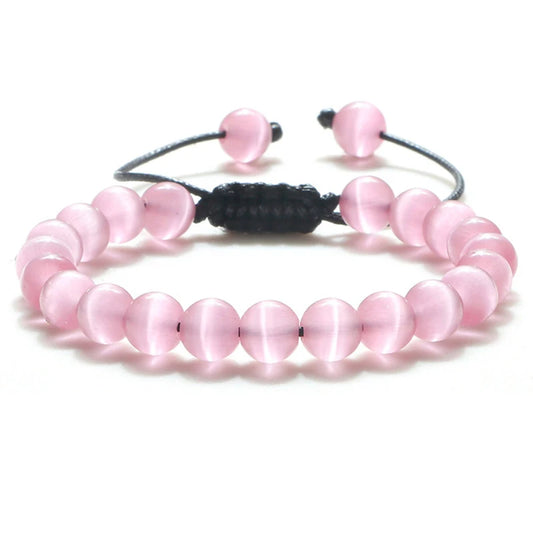 8mm Natural Cat Eye Stone Bracelet Smooth Pink White Beads Handmade Adjustable Bracelets&Bangle Charm Jewelry For Women Men Gift