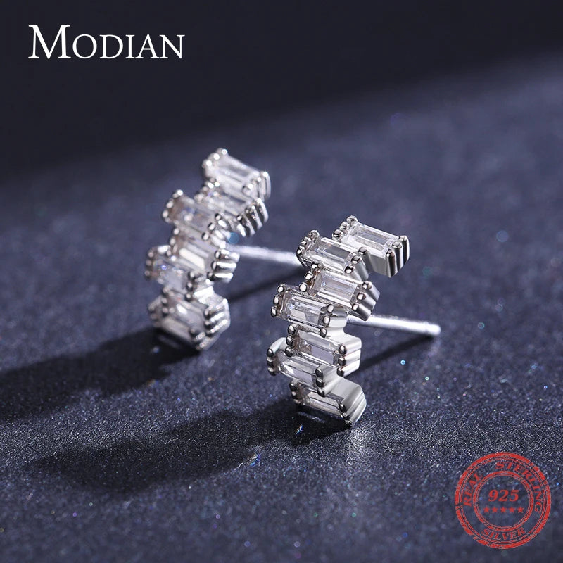 Modian 925 Sterling Silver Luxury Emerald Cut Stud Earrings for Women Dazzling Clear CZ Hypoallergenic Ear Pins Fine Jewelry