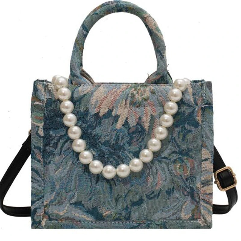 Hemasa Autumn  Woman Canvas Tote Bag Pearl Bead Decorated Crossbag