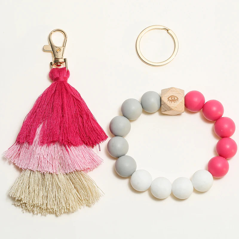 Hemasa Silicone Beads Keychain for Women/ Multilayer Tassel Bracelet Keychain