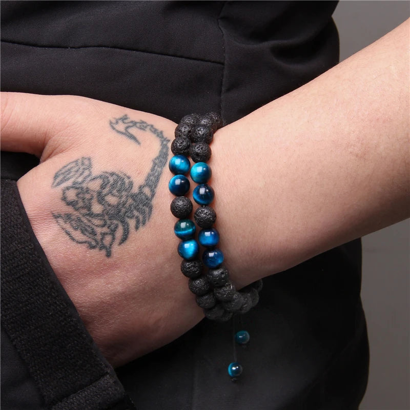 Tejesa 2pcs Men Bracelet 8mm Natual Stone Tiger Eye Beads Bracelet Round Onyx Beaded Adjustable Bracelet Jewelry Women Men