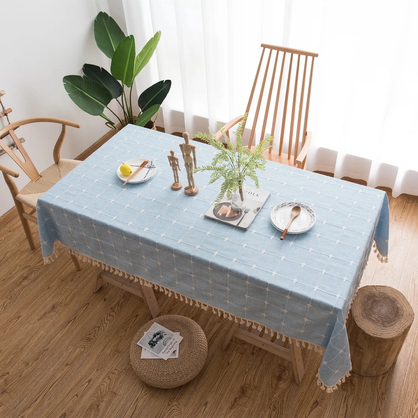 Japan Cotton Linen Tablecloth Blue Stripes Pure Plaid Embroidered Rectangular Christmas Table Cloth Thickened Cover for Banquet