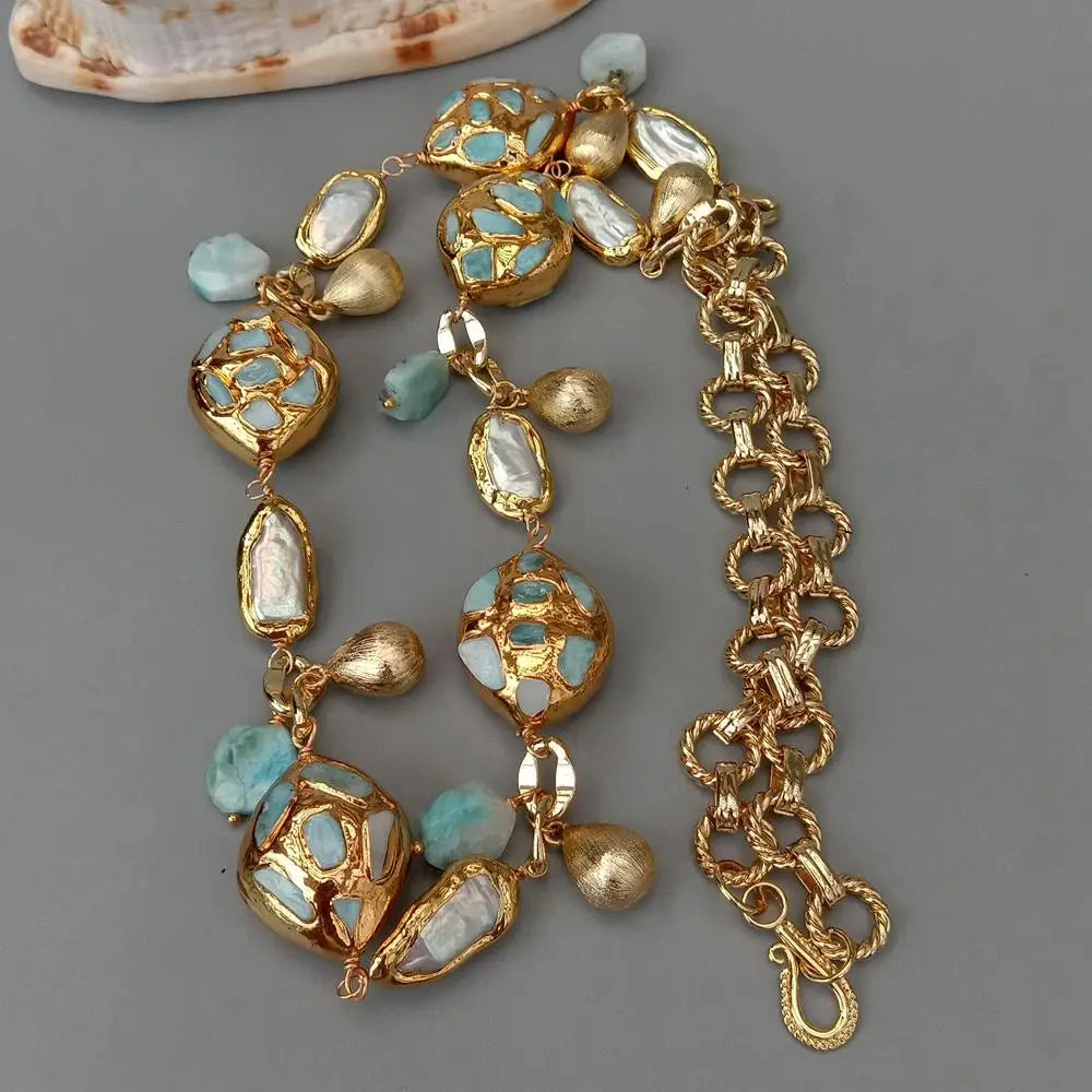 YYGEM natural Cultured White Biwa Pearl natural blue larimar chips beads pave Gold Plated Chain Long Necklace 30"