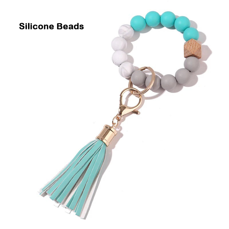 Silicone Keychain For Keys Tassel Wood Beads Bracelet Keyring For Women Accessories Multicolor Keychain Wholesale Hot Sale 2022