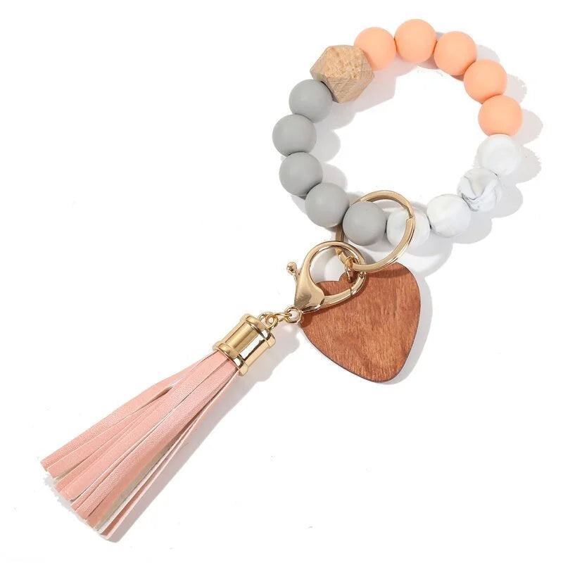 Silicone Keychain For Keys Tassel Wood Beads Bracelet Keyring For Women Accessories Multicolor Keychain Wholesale Hot Sale 2022
