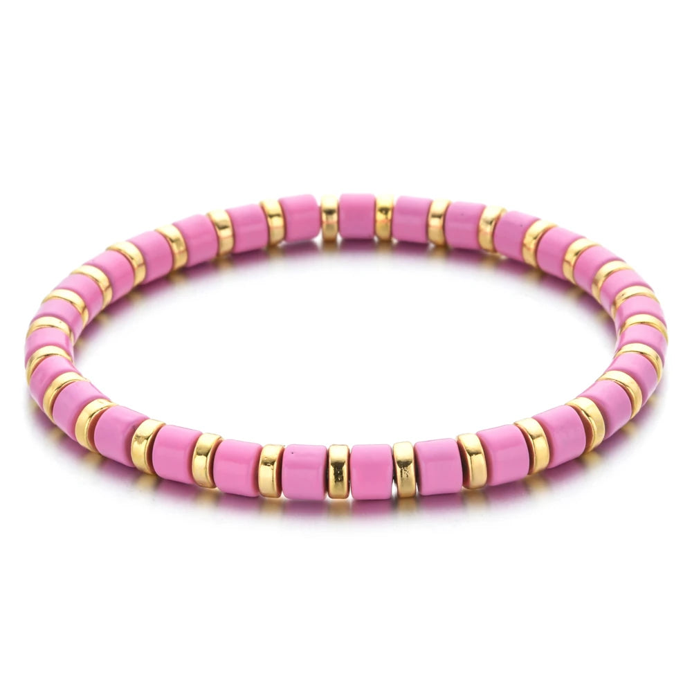 New Fashion Boho Style Metal Enamel Charm Stone Beaded Bracelets for Women Men Yoga Stretch Bracelets Bangles Jewelry Gift