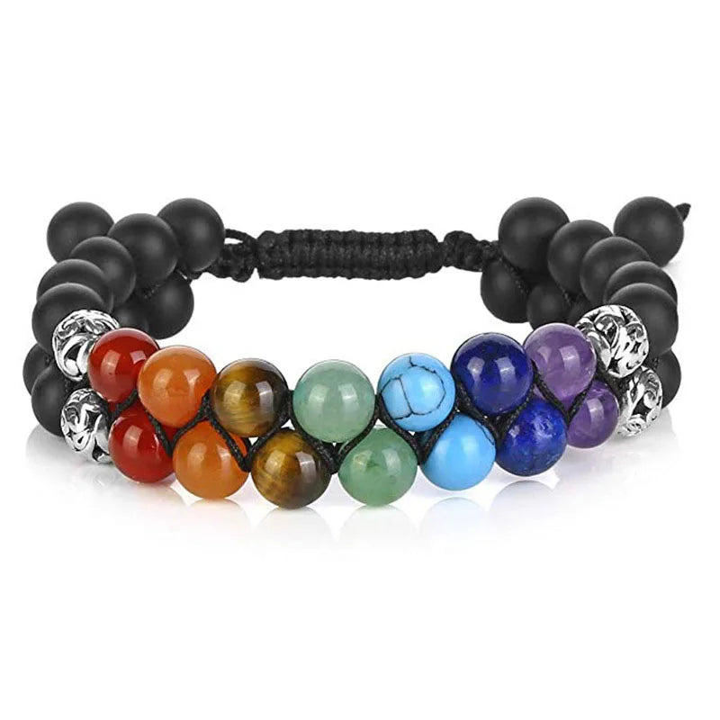 Double Layer 7 Chakra Bracelets for Women Men Vintage Indian Yoga Bracelet Chakra Pray Lava Stone Beads Bracelet Healing Jewelry