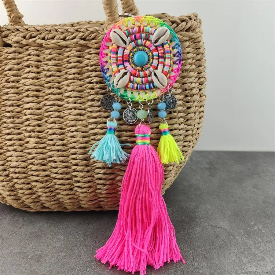 Leather Tassel With Colorful Pompons Handbag Accessorise Boho Style Keychains For Women Keyring Jewelry