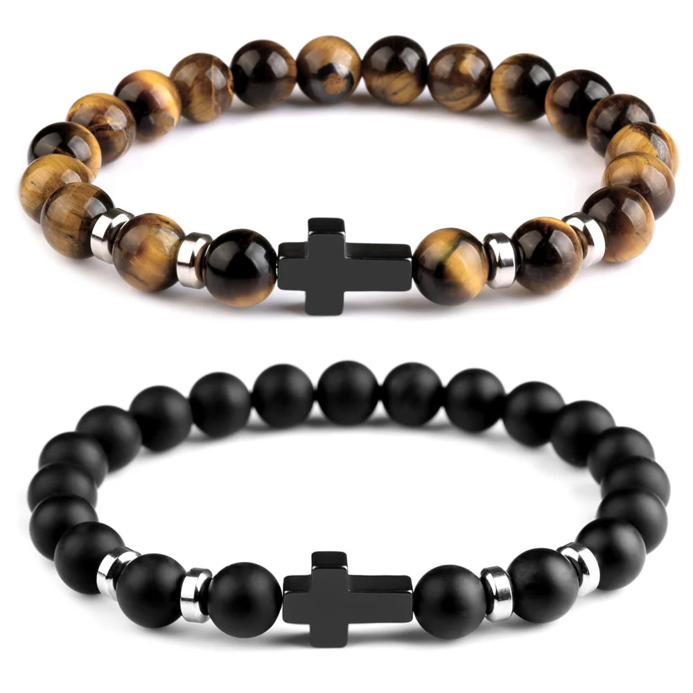 Hemasa Natural Stone Cross Bracelets Hematite Stainless Steel Cross Elastic Rope Map Lava Bead Bracelet For Men Women Charm Jewelry