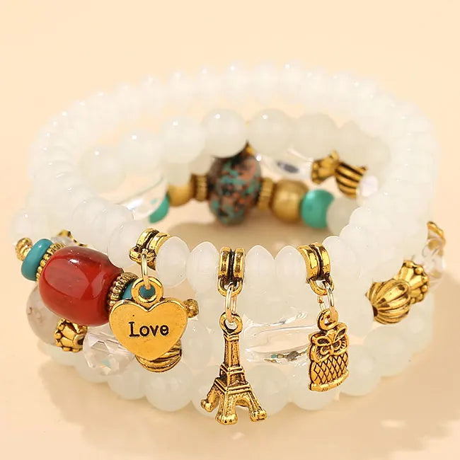 Candy Color Multilayer Bohemia Bracelets Resin Beads Stone Bracelets Sets Bijoux Owl Charm Bracelet Femme Jewelry