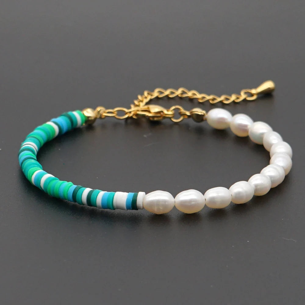 Go2Boho Women Jewelry Polymer Clay Summer Beach Freshwater Baroque Pearl Bracelet Heishi Beads Bracelets Stainless Steel Chain