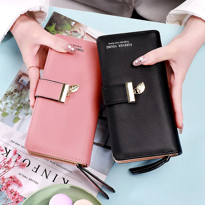 Hemasa Fashion Leaf Pendant Women's Long Wallets Female PU Leather Zipper Coin Purse Hasp Money Clutch Bag Large Capacity Card Holders