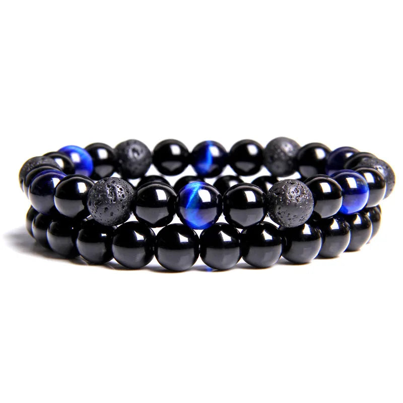 Fashion 2pcs Bead Bracelet Men Natural Tiger Eye Hematite Obsidian Beaded Bracelets Homme Energy Stretch Bracelet Men Jewelry