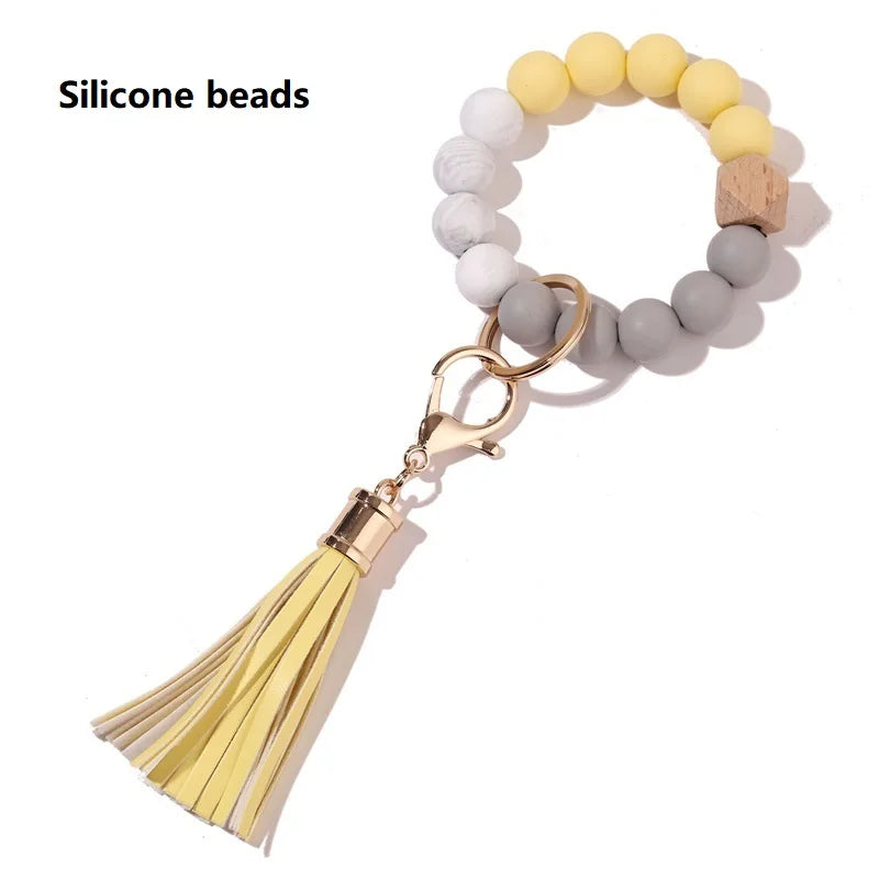 Silicone Keychain For Keys Tassel Wood Beads Bracelet Keyring For Women Multicolor Beads Keychain Fashion Keychain Wholesale