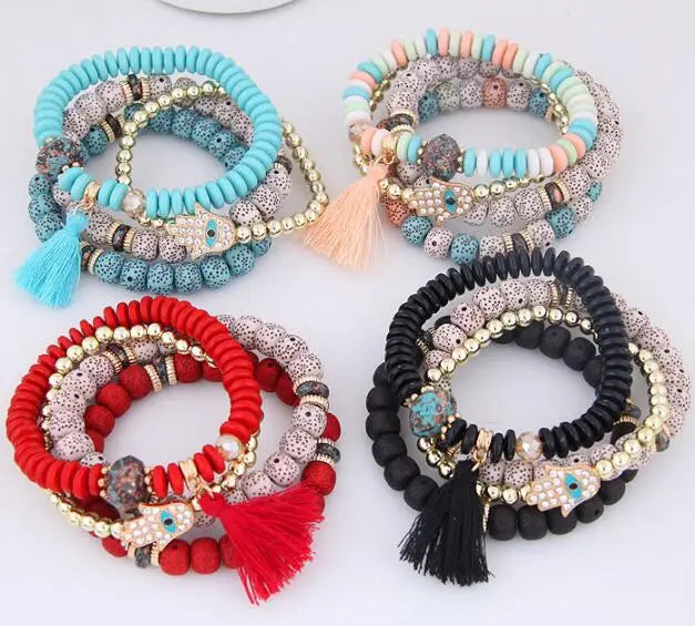Hemasa 4pcs Boho Hand And Eyes Pendant Charm Natural Beads Bracelets Set