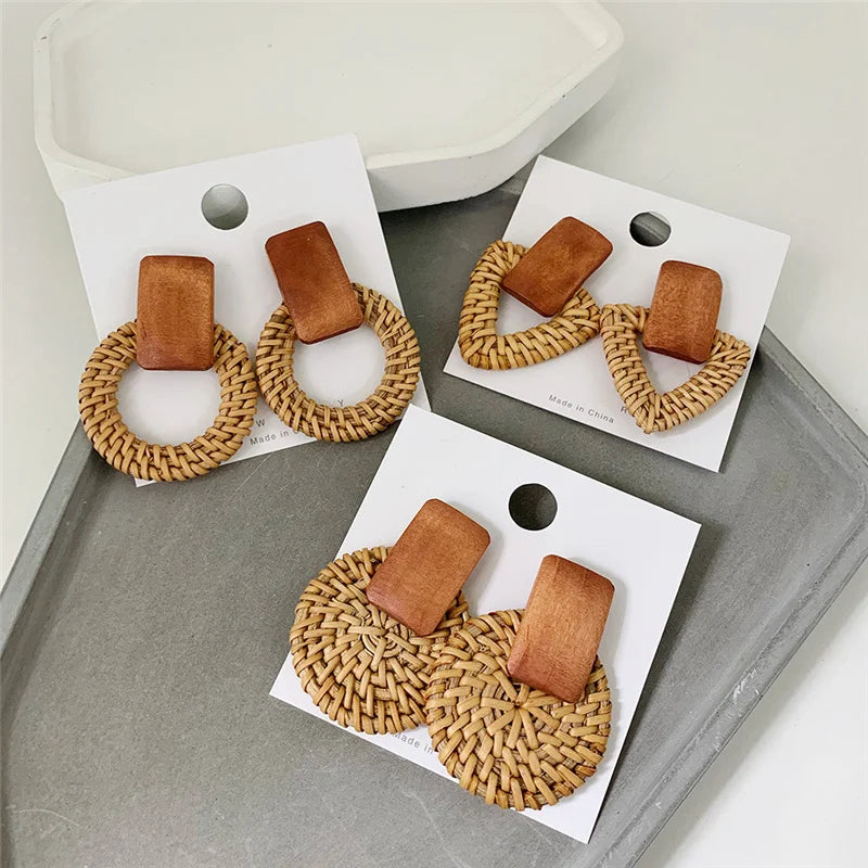 New Fashion Bamboo Wooden Straw Weave Rattan Knit Vine geometric round triangle long earrings bohemian For Women party jewelry