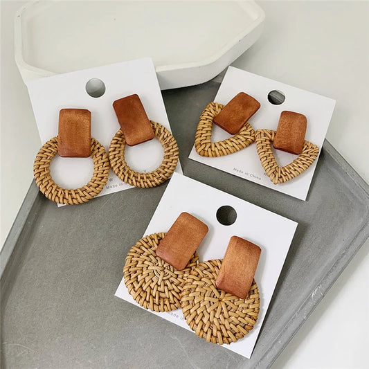 New Fashion Bamboo Wooden Straw Weave Rattan Knit Vine geometric round triangle long earrings bohemian For Women party jewelry