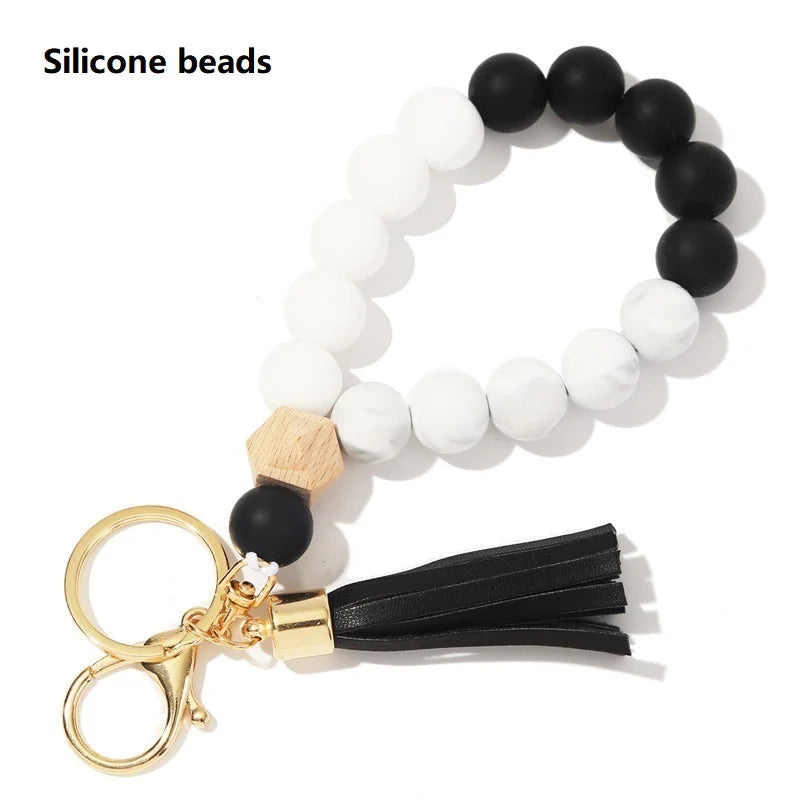 Silicone Keychain For Keys Tassel Wood Beads Bracelet Keyring For Women Multicolor Beads Keychain Fashion Keychain Wholesale