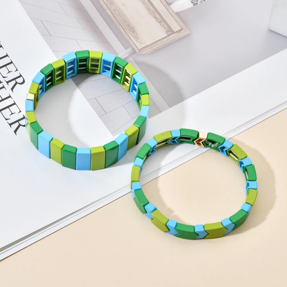 Hemasa Green Bohemian  Enamel Tile Bracelet Boho Type Bangles For Women /Girls