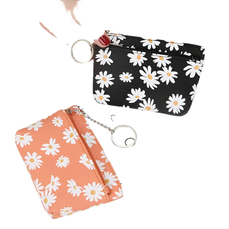 Heamsa Daisy Print Coin Purse Women Mini Wallets Clutch With Zipper Keychain Small Coin Pouch Bag Female Pouch Key Card Holder Wallet