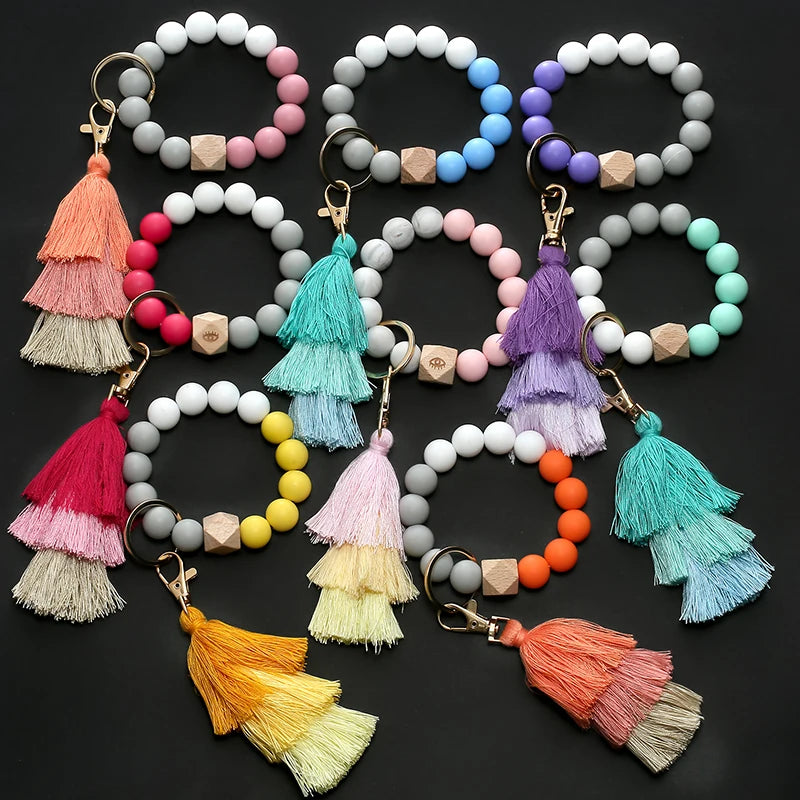 Hemasa Silicone Beads Keychain for Women/ Multilayer Tassel Bracelet Keychain