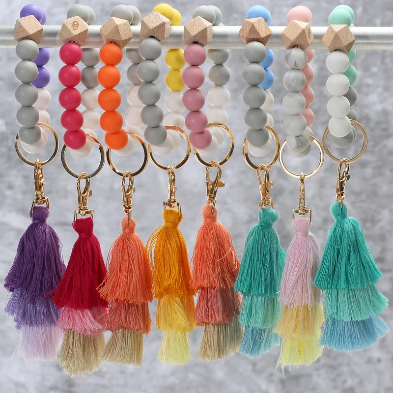 Hemasa Silicone Beads Keychain for Women/ Multilayer Tassel Bracelet Keychain