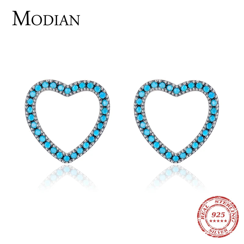 MODIAN Pure 925 Sterling Silver Romantic Simple Hearts Charm Turquoise Stud Earrings For Women Wedding Statement Jewelry Aretes