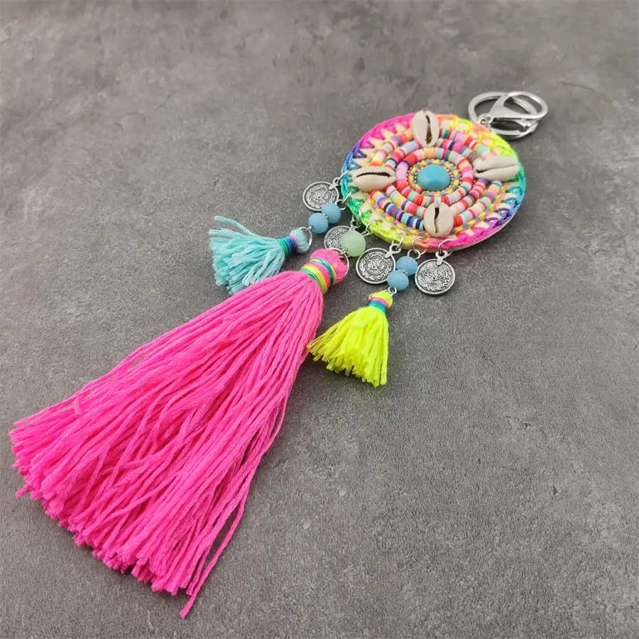 Leather Tassel With Colorful Pompons Handbag Accessorise Boho Style Keychains For Women Keyring Jewelry