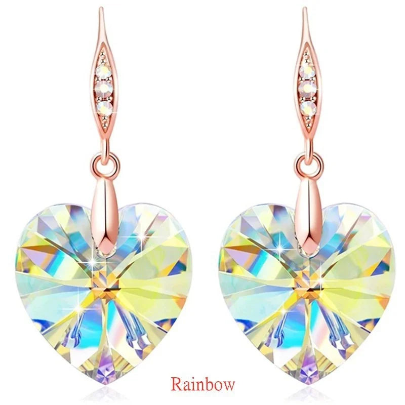 Rose Gold Heart Crystals Drop Earrings for Women Girls Birthday Fashion Jewelry Gifts