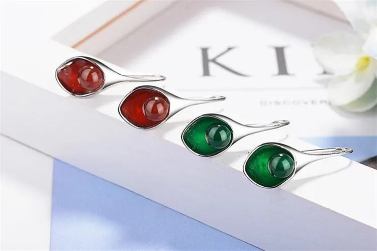 Ear Hook 925 Sterling Silver Green And Red Onyx Flowers Shape Long Earrings For Women Vintage Sterling-silver-jewelry E189