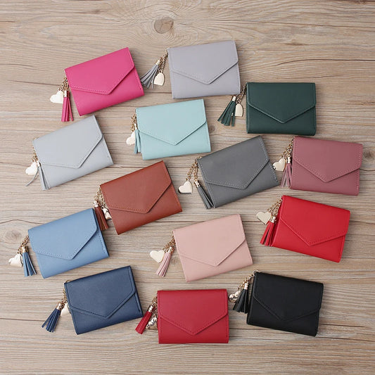 2024 New Korean Style Short Tassel Ladies Wallet Card Holder Student Pure Pendant Buckle Bag Multicolor Small Handbag Women's