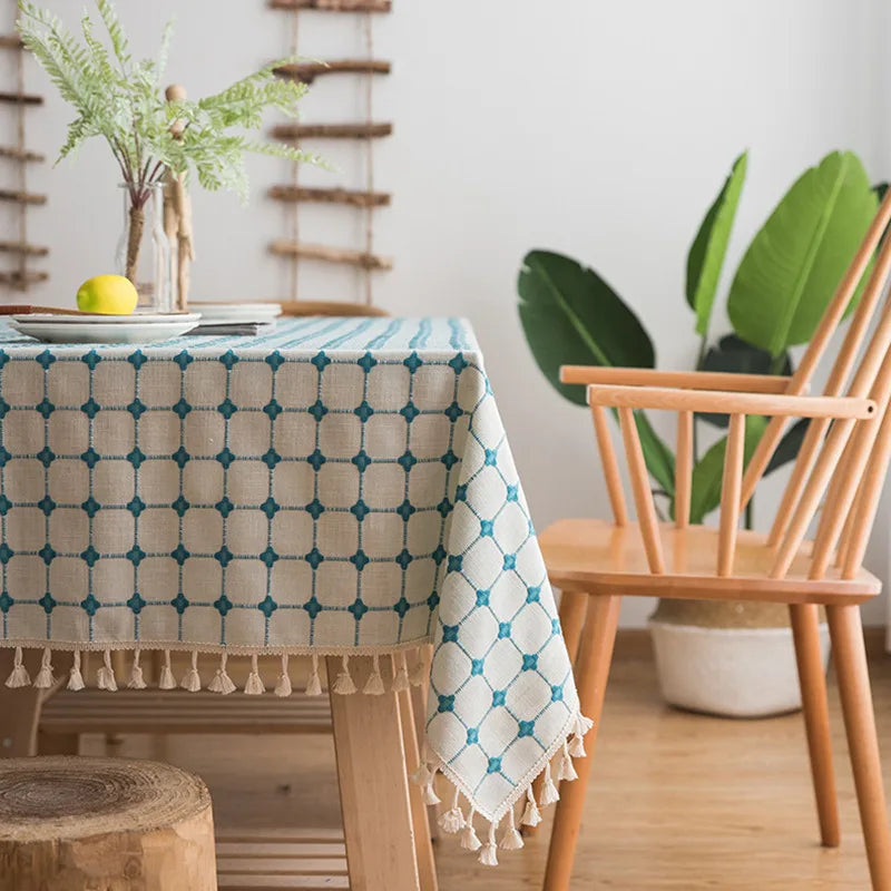 Japan Cotton Linen Tablecloth Blue Stripes Pure Plaid Embroidered Rectangular Christmas Table Cloth Thickened Cover for Banquet