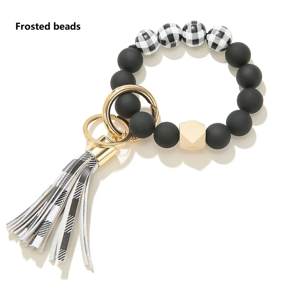 Silicone Keychain For Keys Tassel Wood Beads Bracelet Keyring For Women Multicolor Beads Keychain Fashion Keychain Wholesale