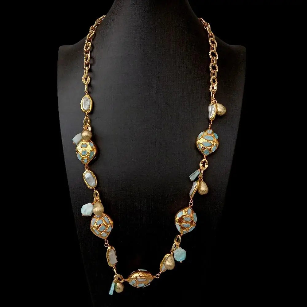 YYGEM natural Cultured White Biwa Pearl natural blue larimar chips beads pave Gold Plated Chain Long Necklace 30"