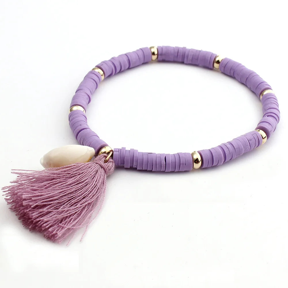 Boho Multicolor Polymer Clay Heishi Beads Cowrie Seashell Cotton Tassels Stretch Bracelet Women Lady Summer Shell Jewelry Gift