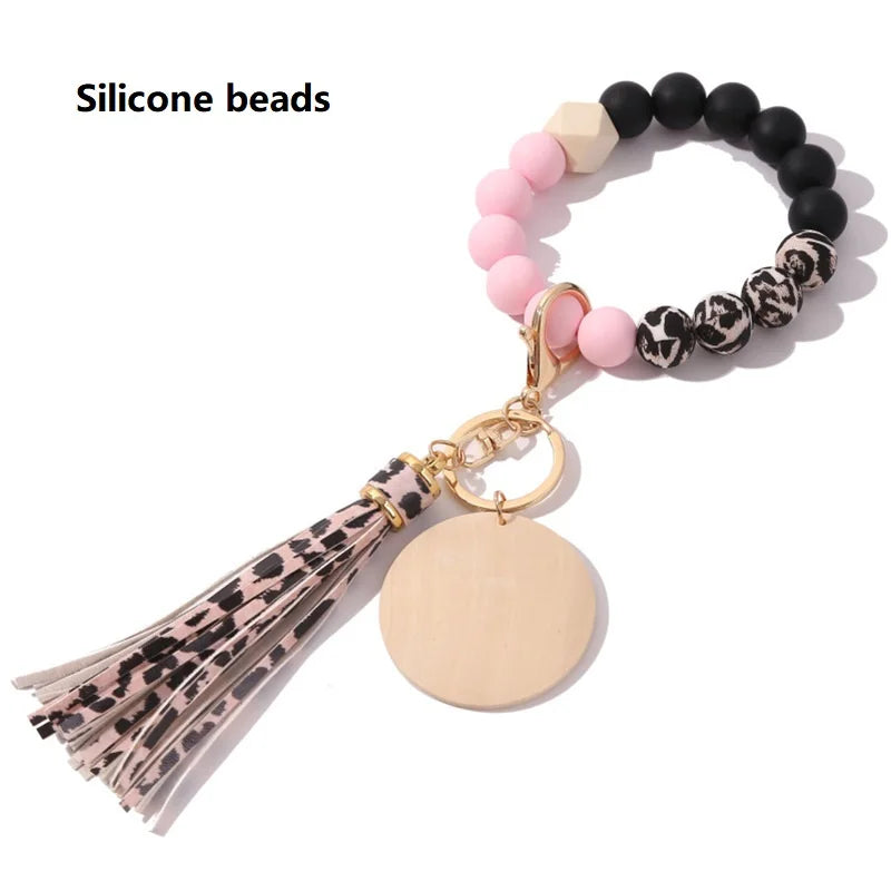 Silicone Keychain For Keys Tassel Wood Beads Bracelet Keyring For Women Multicolor Beads Keychain Fashion Keychain Wholesale