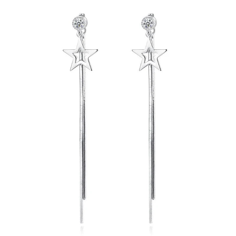 925 Sterling Silver Tassel Earrings For Women Zirconia Star Long Earrings Chain oorbellen Boucle d'oreille New Trendy S-E865