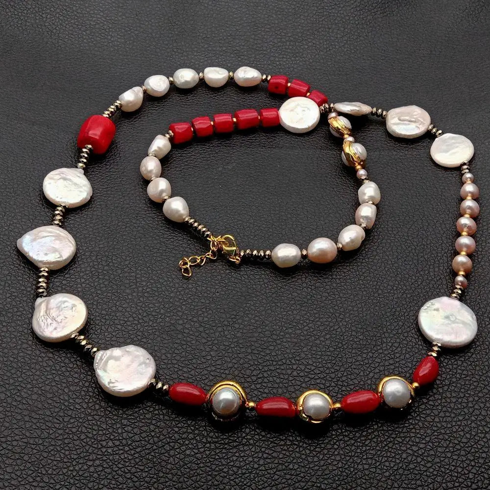 YYGEM Red Coral tube Hematite Rondelle  natural Freshwater White Baroque  Pearl Sweater chain Necklace 33'' For Women Gift