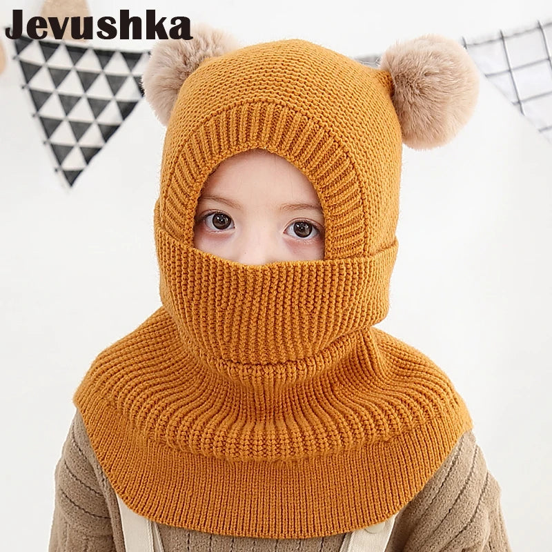 Winter Baby Balaclava Hat PomPom Knit Kids Beanie Hat for Baby Girl and Baby Boy Hat Scarf Double Layer