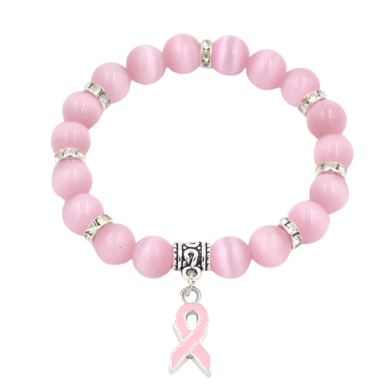 Hemasa  Breast Cancer Awareness Jewelry White/ Pink Opal Beaded Bracelet with Ribbon Charm
