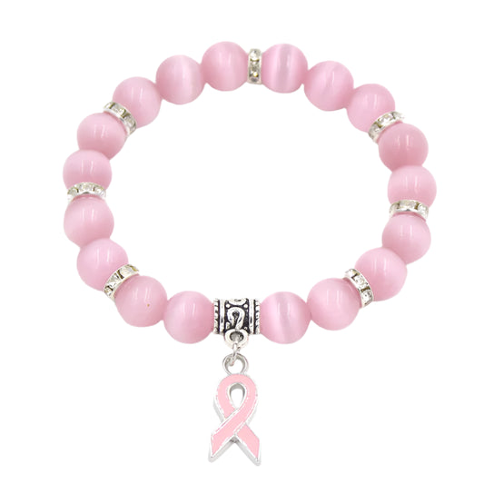 Hemasa  Breast Cancer Awareness Jewelry White/ Pink Opal Beaded Bracelet with Ribbon Charm