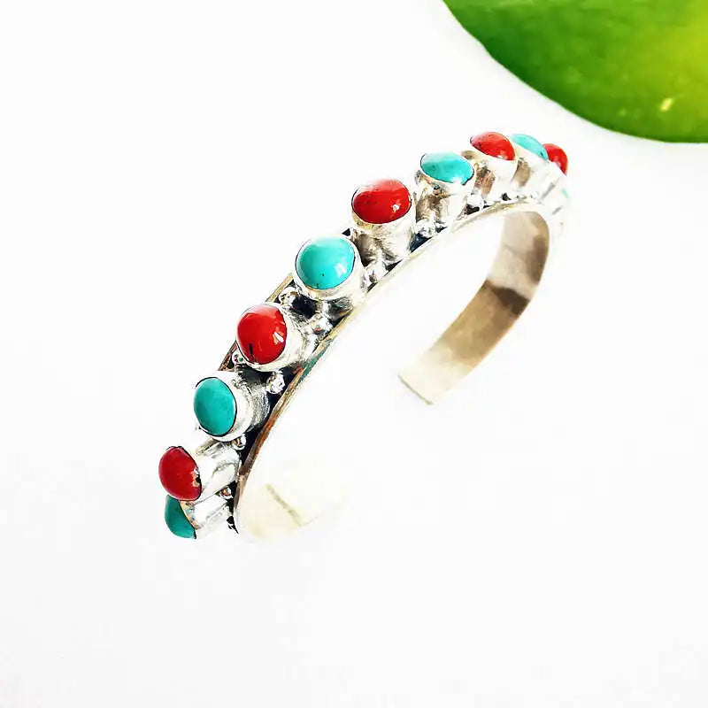 Hemasa  Nepal 925 Sterling Silver Turquoise Coral Beads Open Cuff Bangle for Girls