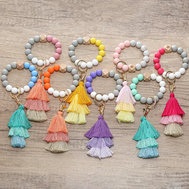 Hemasa Silicone Beads Keychain for Women/ Multilayer Tassel Bracelet Keychain