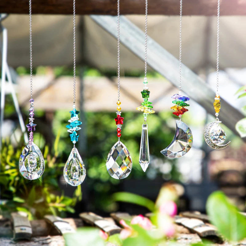 H&D 6PCS Crystal Star & Moon Suncatchers Gift Rainbow Maker Glass Chandelier Prisms Hanging Light Catcher for Window Home Garden